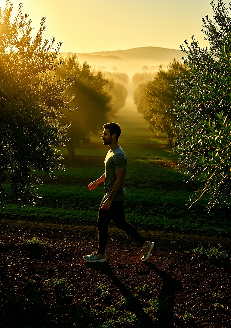 Active person in a Spanish olive grove at sunrise